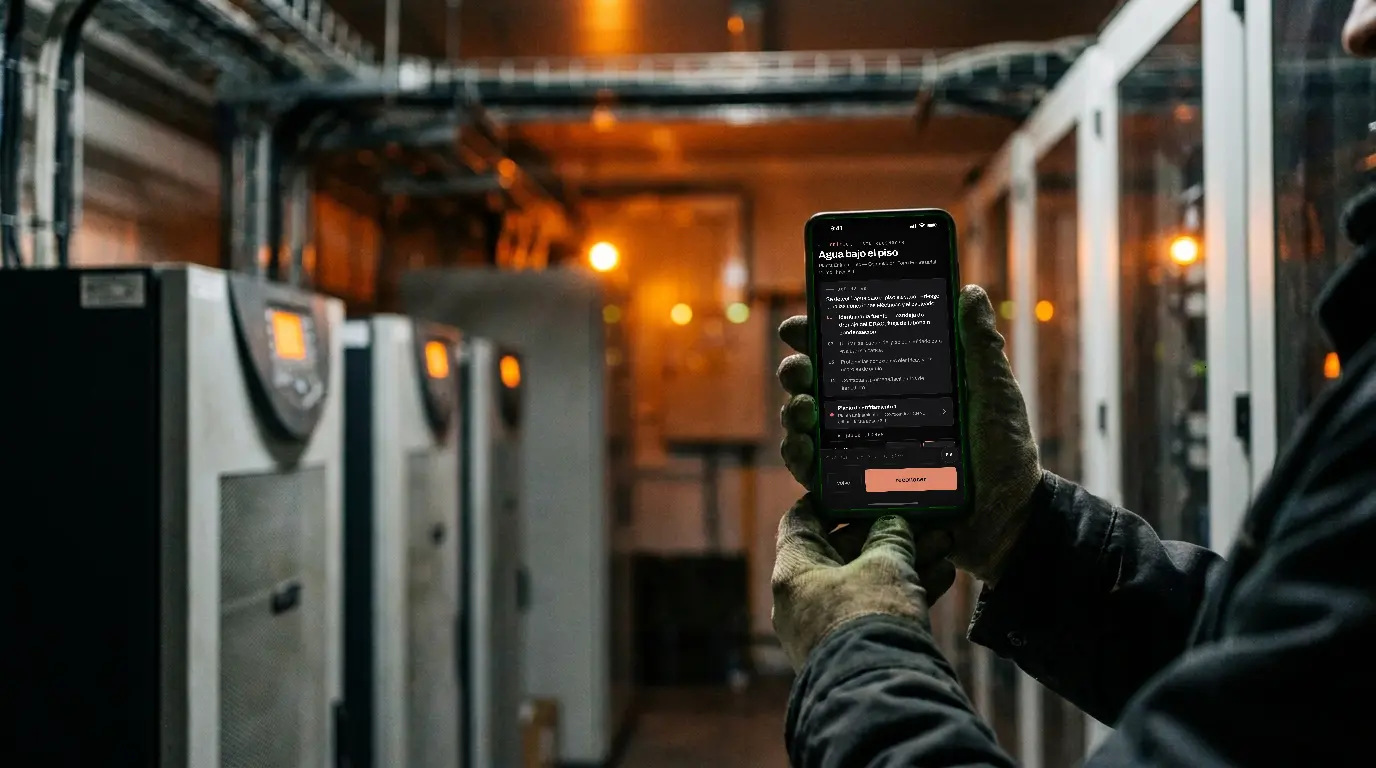 Un técnico en un cuarto de UPS sostiene un teléfono con una alarma de Vaultis y su qué hacer.